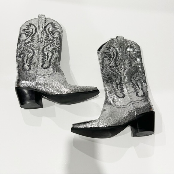 NEW Jeffrey Campbell Dagget Silver Metallic Western Boots Free People Size 7 - Picture 2 of 10